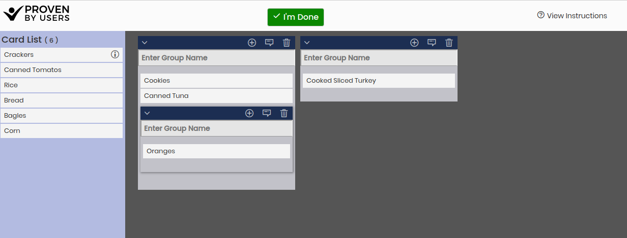 Card sorting test interface from proven by users