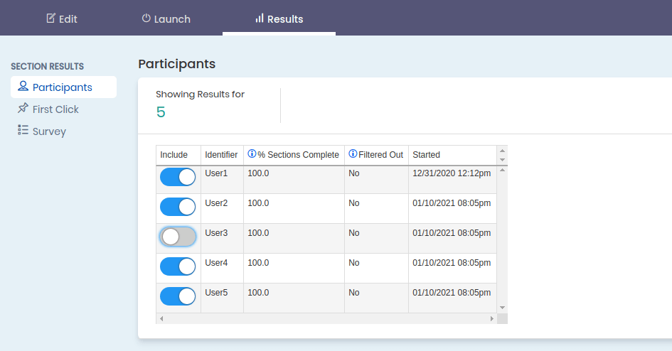 Screenshot of Participants Results