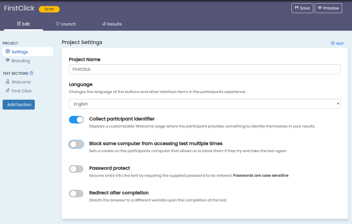 Screenshot of Project Settings